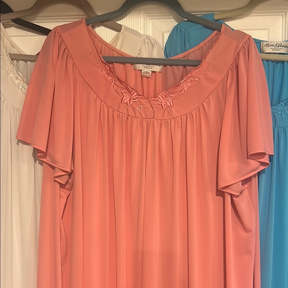Miss Elaine 3X Coral Embroidered Short Sleeve Long Nightgown
